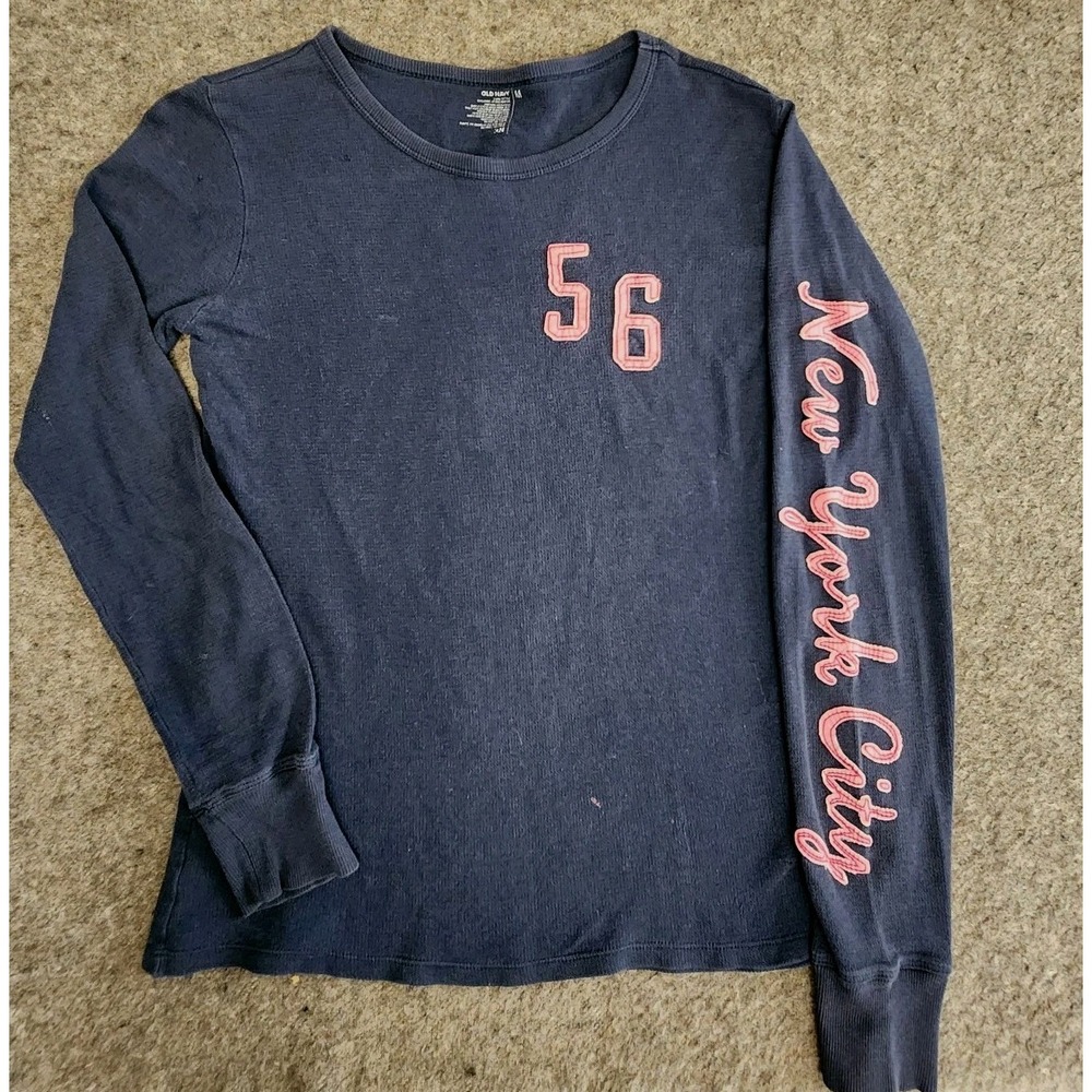 Old Navy Womens Waffle Knit Long Sleeve Shirt M Blue Pink Embroidery Y2K Preppy‎